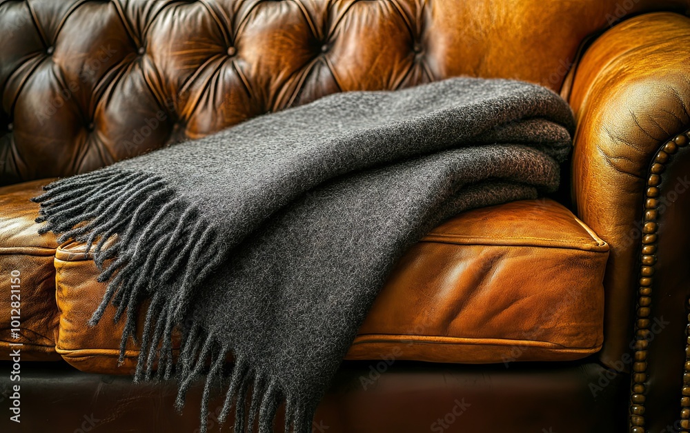 A cozy gray blanket draped over a classic brown leather sofa, inviting relaxation and comfort. A cozy gray blanket draped over a classic brown leather sofa, inviting relaxation and comfort.
