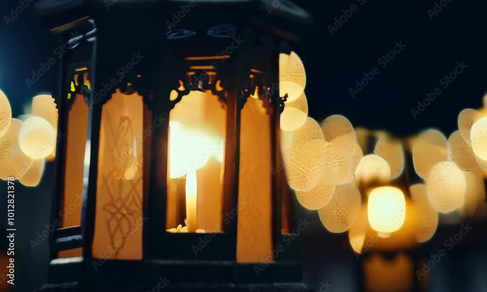 Lantern with candles in Ramadan night with vibrant lights bokeh background