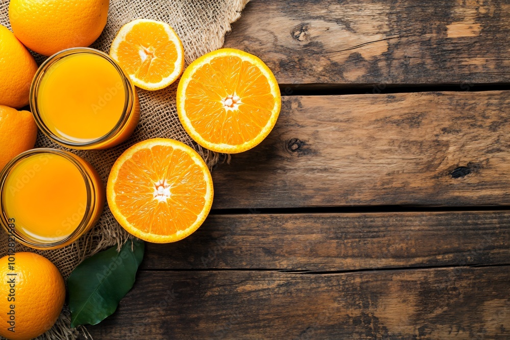 Freshly Squeezed Orange Juice on Wooden Table Freshly Squeezed Orange Juice on Wooden Table