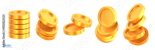 Set of Realistic Golden Coins stack. Blank Coin money stacked isolated on white background. Gold cash currency for payment. Symbol of wealth, income and finance. Vector 3d illustration.