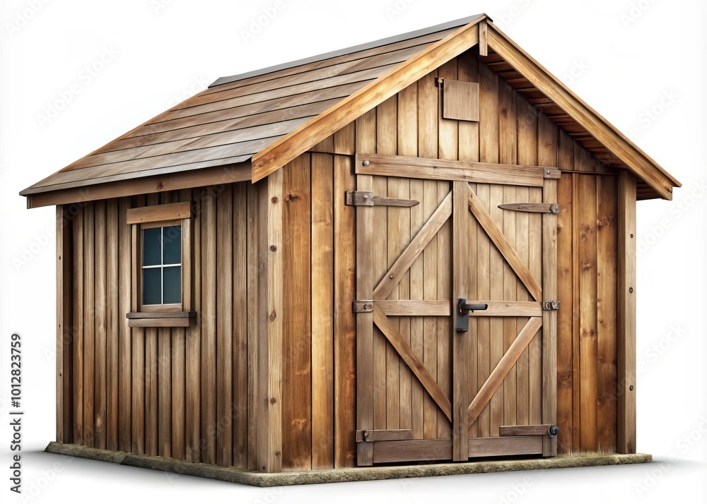 Rustic Wooden Shed Illustration on White Background - Perfect for Vintage, Farmhouse, and Nature-Themed Designs and Rustic Wooden Shed Illustration on White Background - Perfect for Vintage, Farmhouse, and Nature-Themed Designs and