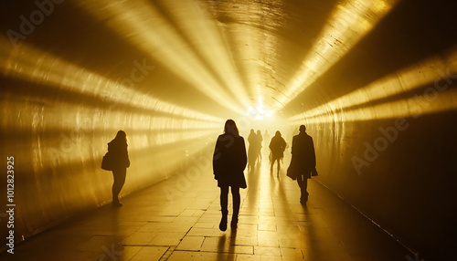 Shoot in an underground or street tunnel where light streams through gaps, highlighting people as they walk through beams of light