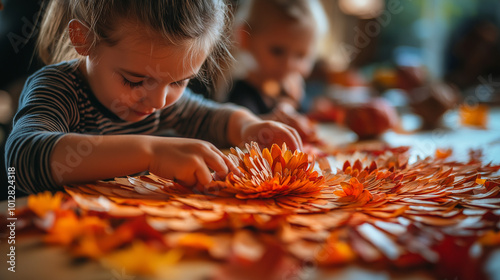 Kids Making Hand Turkeys, a nostalgic and fun craft project with children, with copy space, Thanksgiving photo