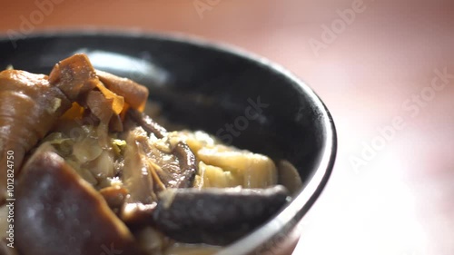 Dolly, close up of Stewed Cabbage with mushroom, Vegetarian food design for Vegetarian Festival also known as Nine Emperor Gods Festival. Vegan and vegetarian food idea concept. 
 photo