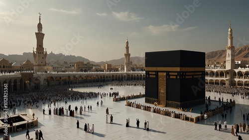 a large group of people are gathered around a mosque.