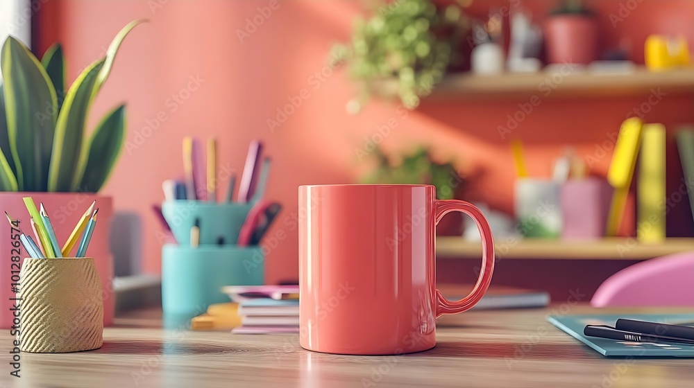 Red Coffee Mug on Wooden Desk with Colorful Supplies Red Coffee Mug on Wooden Desk with Colorful Supplies