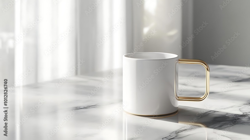 Obraz premium White Mug with Gold Handle on Marble Table