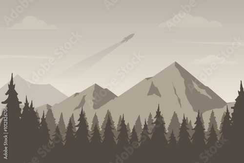 Vector illustration of a landscape of smoky snow hills with a rocket across the sky in the background