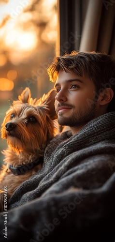 A man sitting on the couch, watching TV, and cuddling with a pet, showcasing a relaxing evening at home photo