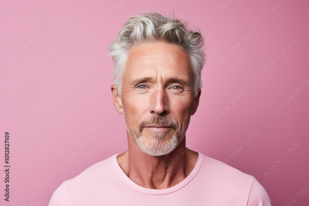 Portrait of senior man with grey hair and beard. Isolated on pink background.
