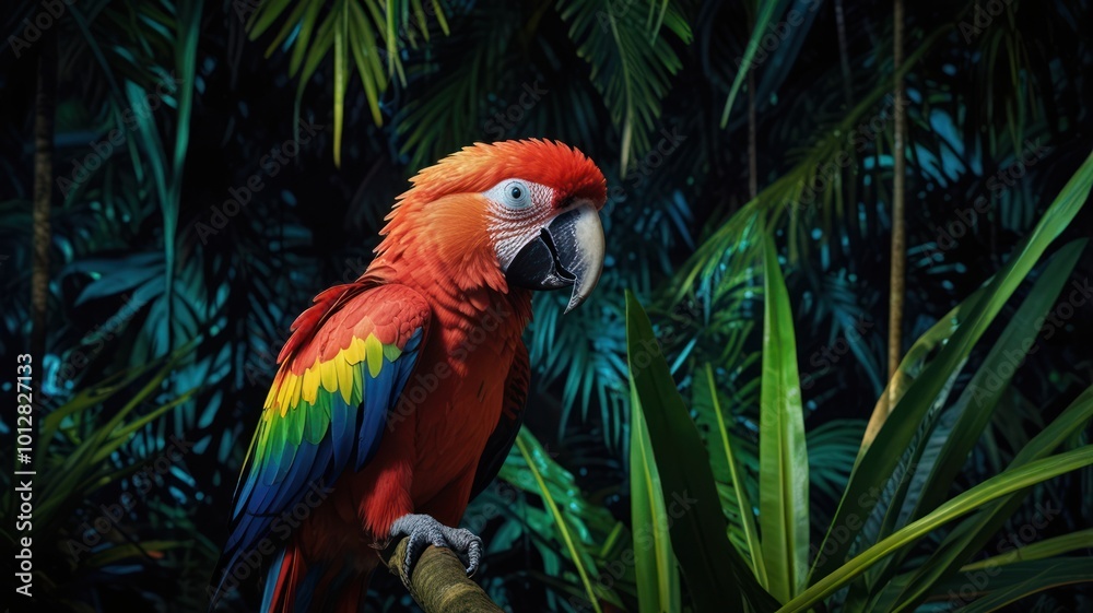 A vibrant scarlet macaw perched on a branch in a lush tropical rainforest, its colorful plumage contrasting with the green foliage. A vibrant scarlet macaw perched on a branch in a lush tropical rainforest, its colorful plumage contrasting with the green foliage.