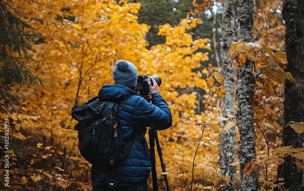 Naklejka premium A photographer captures autumn scenery in a forest filled with vibrant orange leaves.