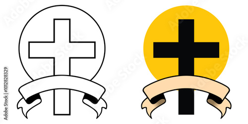 set of Christian cross with ribbon and halo light shine, vector Jesus Christ, religion symbol, Easter, Christening. Holy Spirit. Religious. Baptism Christening Invitation