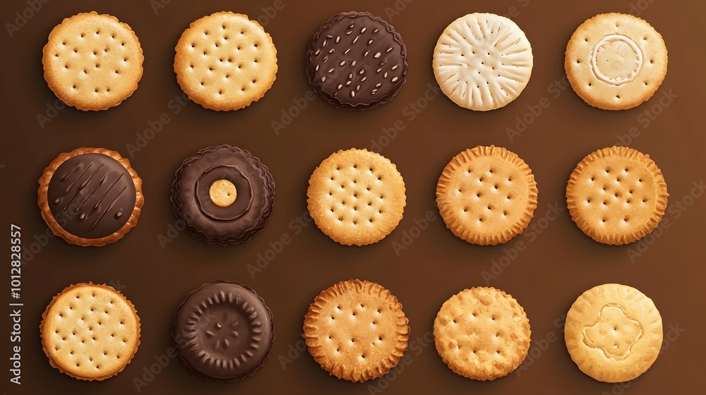 A realistic vector set of crispy cracker cookies, including salty, chocolate, and sweet biscuits, shown in top view with detailed textures and colors A realistic vector set of crispy cracker cookies, including salty, chocolate, and sweet biscuits, shown in top view with detailed textures and colors