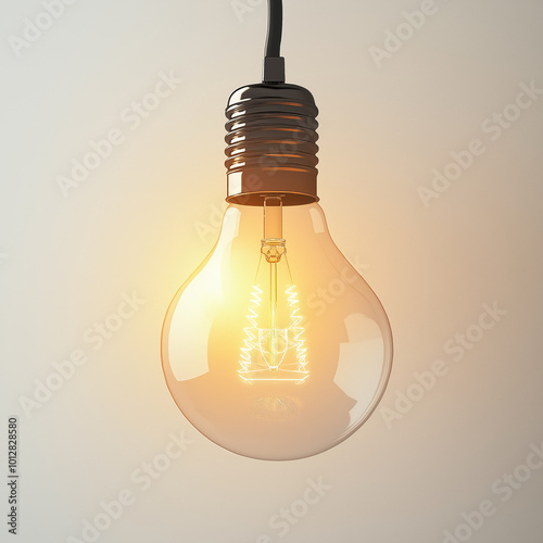 Illuminated vintage light bulb with glowing filament against a soft white background