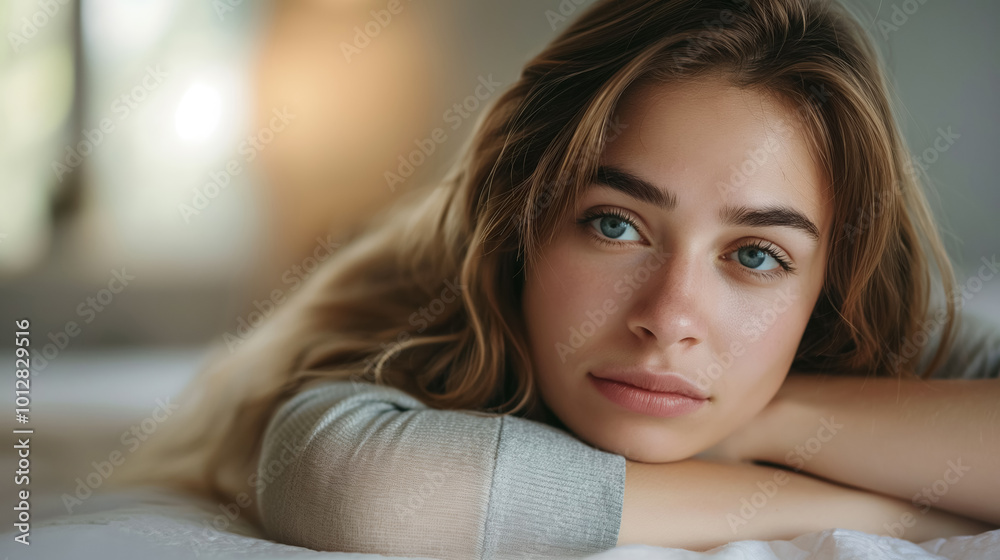 Woman with long blonde hair resting her head on her arms, gazing softly. The soft lighting and blurred background give the image a calm and reflective mood. Woman with long blonde hair resting her head on her arms, gazing softly. The soft lighting and blurred background give the image a calm and reflective mood.