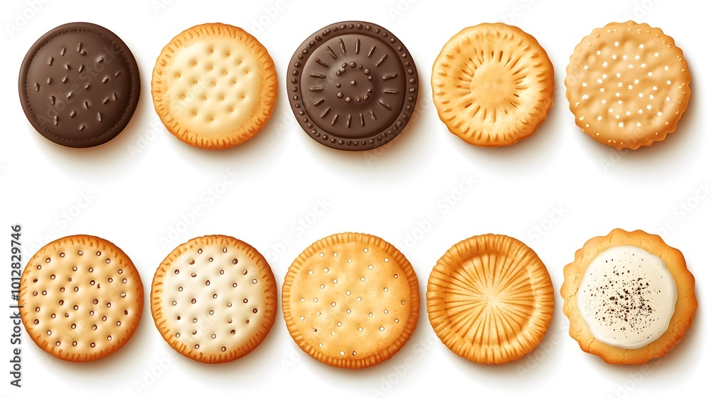 A realistic vector set of crispy cracker cookies, including salty, chocolate, and sweet biscuits, shown in top view with detailed textures and colors A realistic vector set of crispy cracker cookies, including salty, chocolate, and sweet biscuits, shown in top view with detailed textures and colors