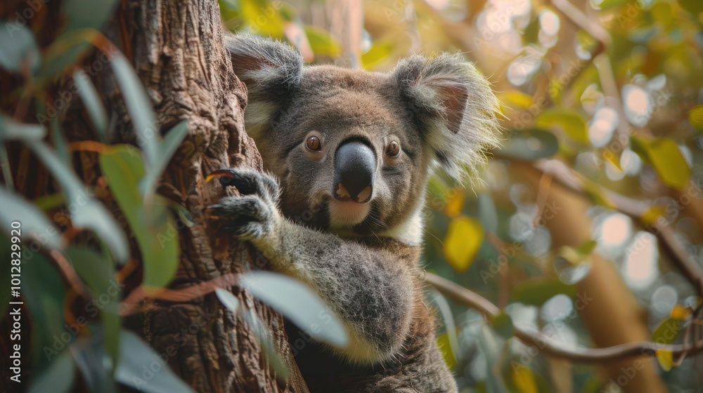 Fototapeta premium a koala bear climbing a tree in a forest