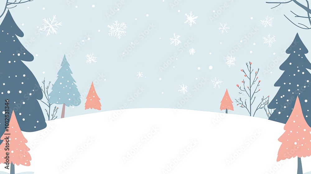 A serene winter landscape featuring snow-covered hills, various trees, and falling snowflakes, ideal for seasonal themes.