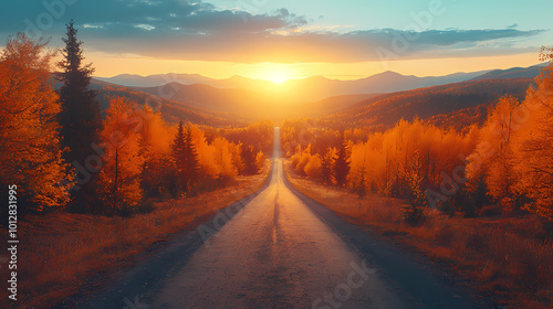 Top drone view of road in woods. Beautiful landscape with roadway in hills, pine trees, meadows, golden sunlight in fall. Travel