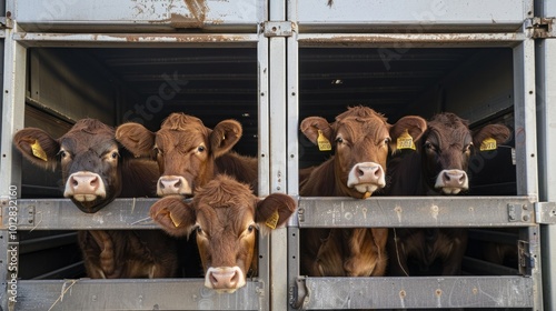 Cattle being transported in a large truck, with the driver securing the animals safely inside before heading to a new pasture.