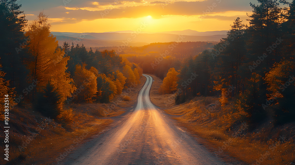 Obraz premium Top drone view of road in woods. Beautiful landscape with roadway in hills, pine trees, meadows, golden sunlight in fall. Travel