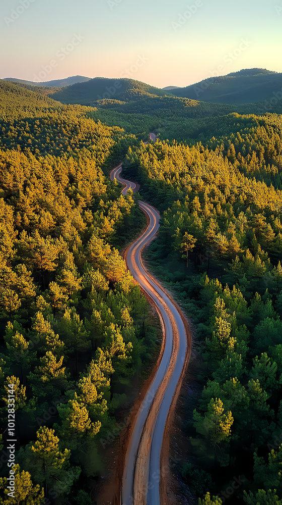 Top drone view of road in woods. Beautiful landscape with roadway in hills, pine trees, meadows, golden sunlight in fall. Travel Top drone view of road in woods. Beautiful landscape with roadway in hills, pine trees, meadows, golden sunlight in fall. Travel
