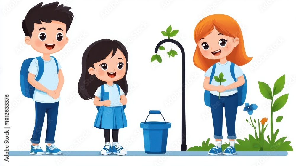Happy School Children in Blue Uniforms with Backpacks and a Bucket Happy School Children in Blue Uniforms with Backpacks and a Bucket