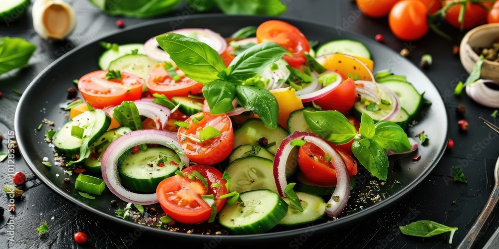 A colorful plate of fresh salad with cherry tomatoes, cucumbers, red onions, and basil leaves. A colorful plate of fresh salad with cherry tomatoes, cucumbers, red onions, and basil leaves.