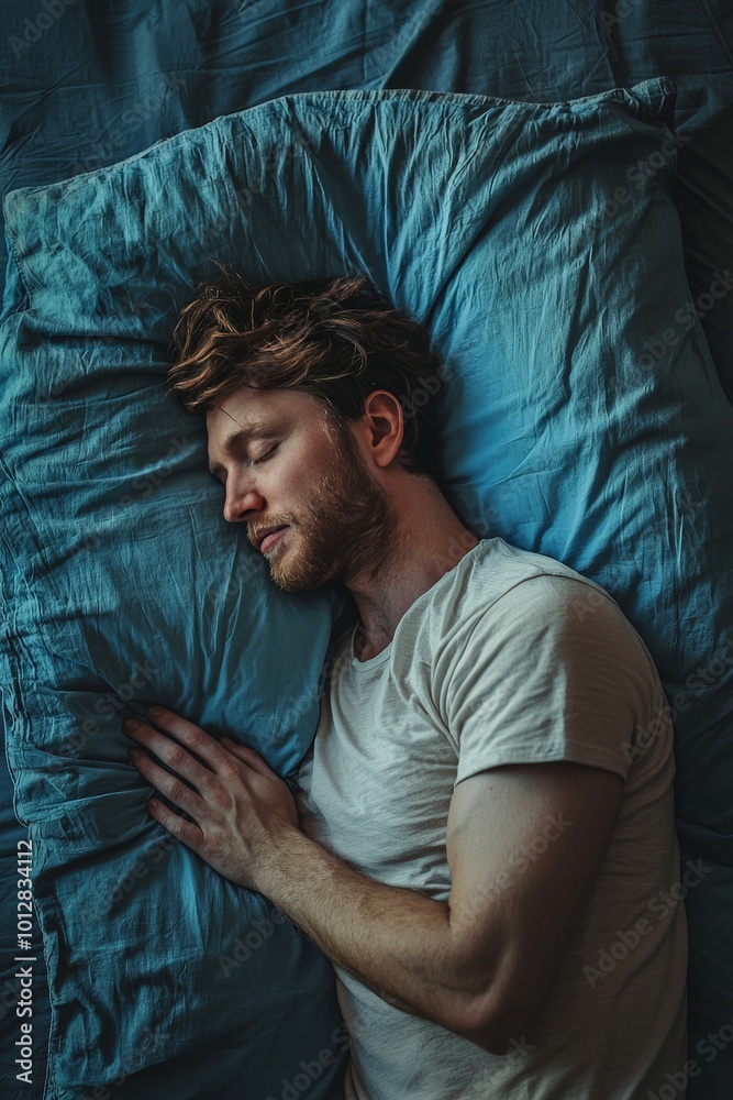 A realistic high-end photograph close-up of a man peacefully sleeping on a large blue pillow, his body fully relaxed and calm. A realistic high-end photograph close-up of a man peacefully sleeping on a large blue pillow, his body fully relaxed and calm.