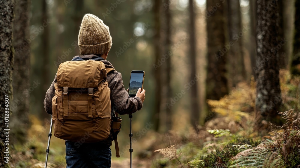 Child exploring nature with smartphone in forest, backpack and warm hat. Child exploring nature with smartphone in forest, backpack and warm hat.