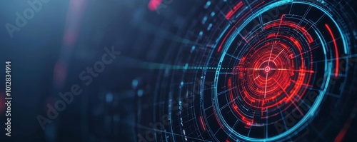 Futuristic digital radar interface design with glowing elements and patterns.