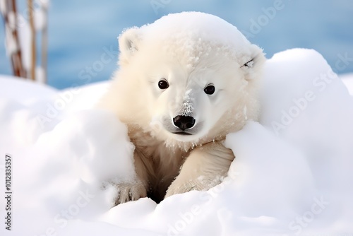 Cute Polar Bear Cub Resting in Snow illustration.