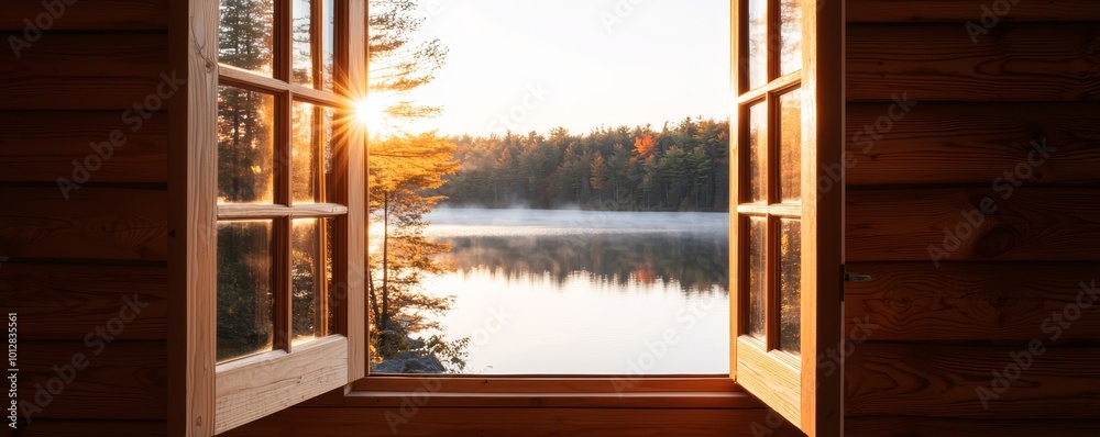 Fototapeta premium Scenic view of a sunrise over a lake from a wooden window.