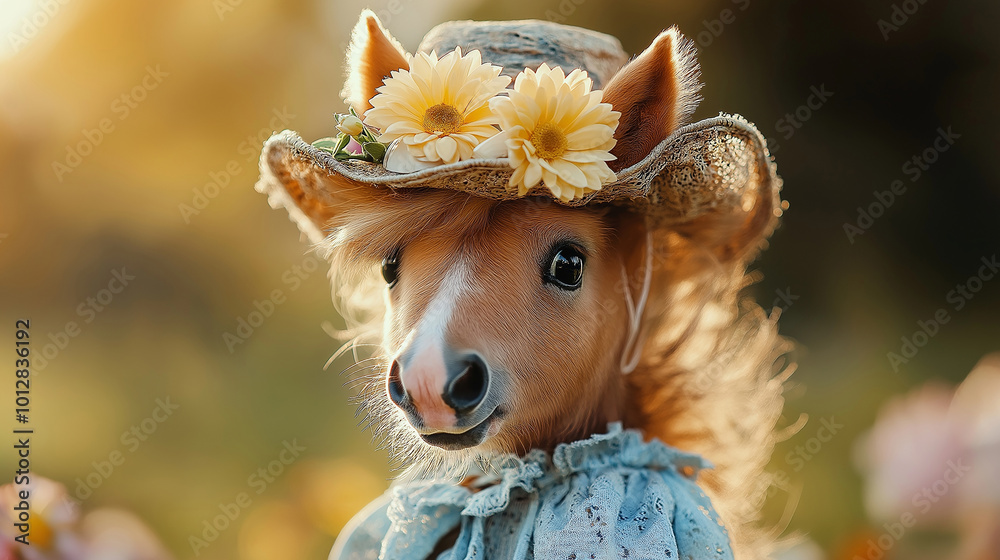 Tiny horse wearing a fancy hat, attending a luxurious garden party Tiny horse wearing a fancy hat, attending a luxurious garden party