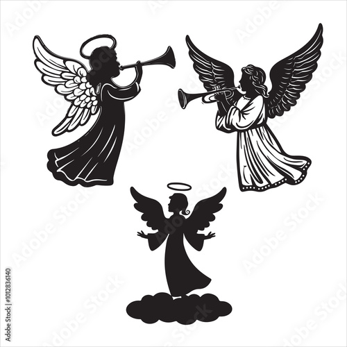 set of vector christmas angel silhouette