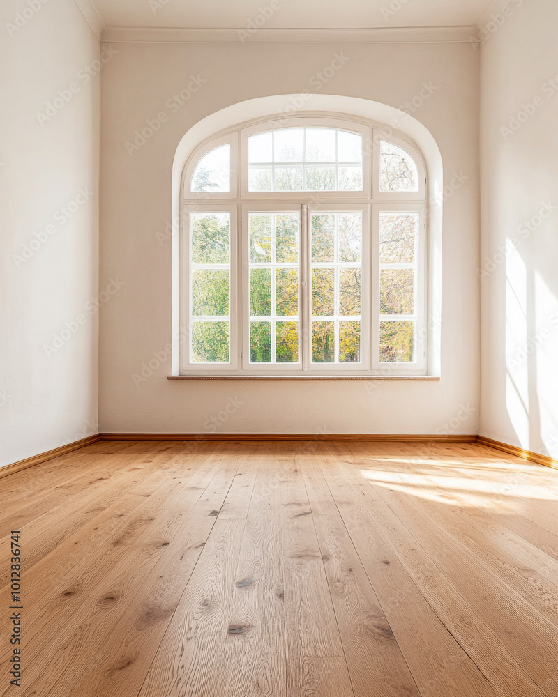 Fototapeta premium Bright and spacious room with large window showcasing outdoor greenery during daytime