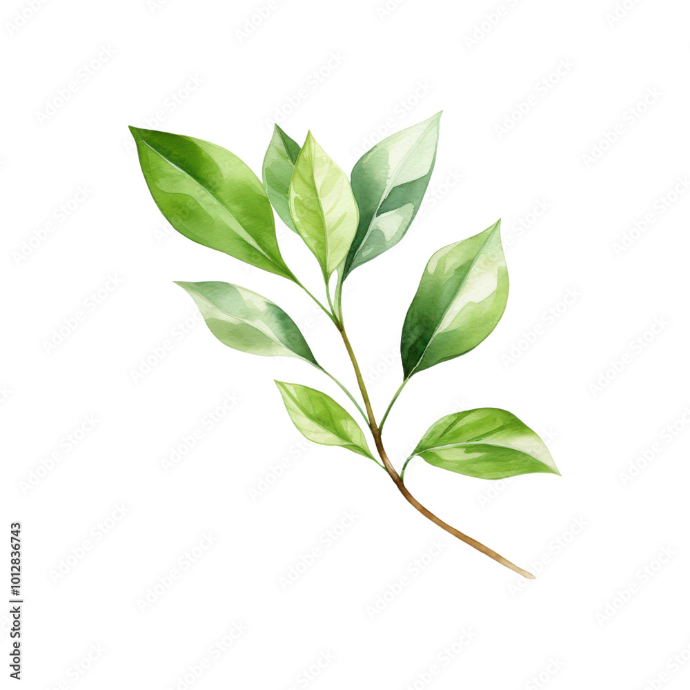 Fototapeta premium Green leaf branch watercolor painting is perfect for nature themed designs, botanical prints, eco friendly branding, and organic product packaging. Generative AI