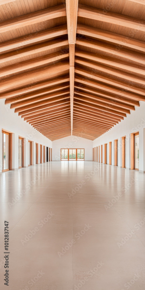 Spacious interior of a modern building with wooden beams and ample natural light Spacious interior of a modern building with wooden beams and ample natural light