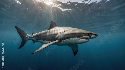 Great white shark mid-motion with mouth open, swimming underwater in the ocean