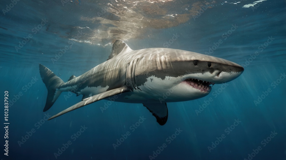 Fototapeta premium Great white shark submerged in the ocean, captured in its natural habitat