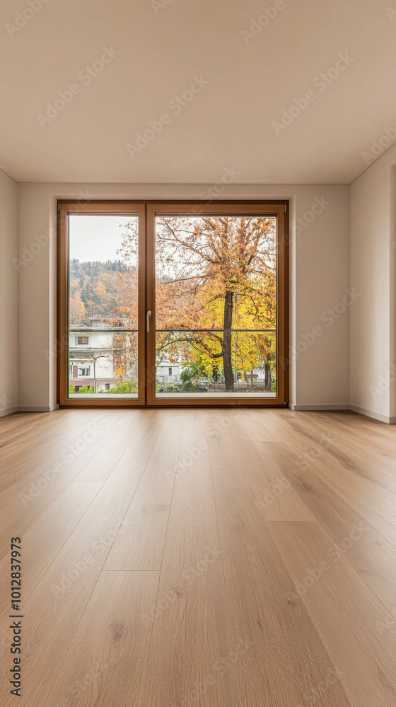 Bright modern room with large windows showcasing autumn leaves in a scenic neighborhood Bright modern room with large windows showcasing autumn leaves in a scenic neighborhood