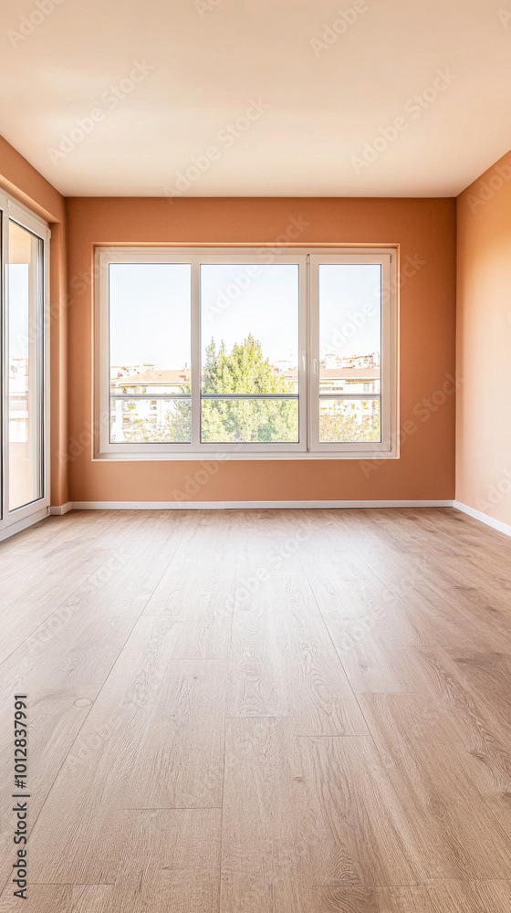 Fototapeta premium Bright and modern empty room with large windows and warm orange walls in a residential setting