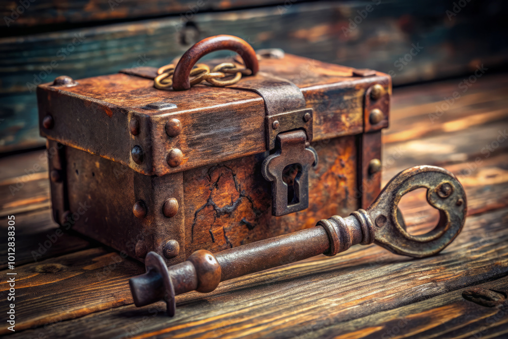 rusty key lies next to locked chest, evoking sense of mystery and adventure. weathered textures and rich colors of metal create captivating visual story rusty key lies next to locked chest, evoking sense of mystery and adventure. weathered textures and rich colors of metal create captivating visual story