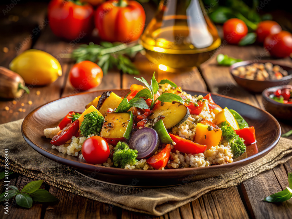vibrant plate of roasted vegetables and quinoa showcases healthy meal, featuring colorful tomatoes, bell peppers, and fresh herbs, perfect for nutritious diet vibrant plate of roasted vegetables and quinoa showcases healthy meal, featuring colorful tomatoes, bell peppers, and fresh herbs, perfect for nutritious diet