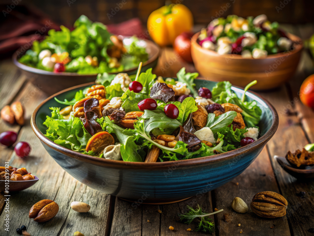 vibrant bowl of mixed greens topped with nuts and berries, showcasing healthy and colorful salad. Perfect for nutritious meal or side dish vibrant bowl of mixed greens topped with nuts and berries, showcasing healthy and colorful salad. Perfect for nutritious meal or side dish