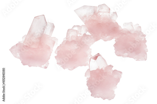 Levitation of pink sea salt crystals isolated on a transparent background.