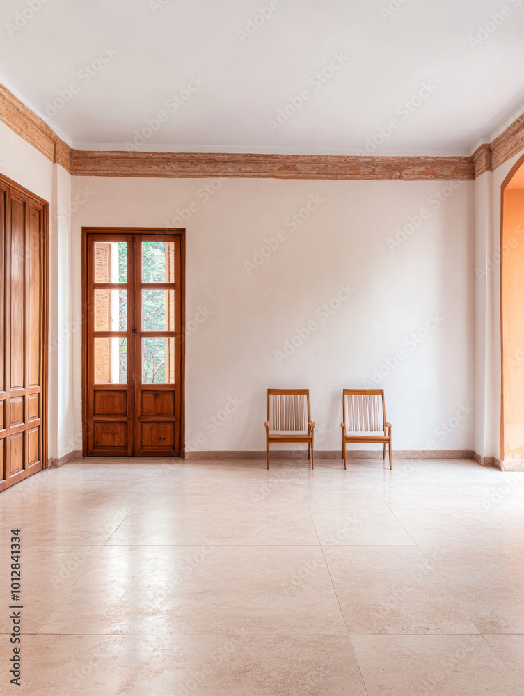 Empty interior space with two wooden chairs and wooden doors in a bright, minimalist room Empty interior space with two wooden chairs and wooden doors in a bright, minimalist room