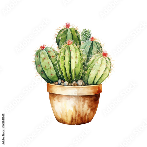 The potted cactus is adorned with a brown pot and stones. Perfect for gardening blogs, plant themed social media posts, and botanical designs. Generative AI photo