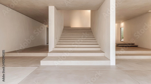 Modern minimalist interior with stairs in bright, spacious design during daylight hours